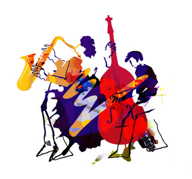 Jazz theme,Contrabass musician and saxophonist. 
Expressive Illustration of two jazz musicians on grunge background with music notes. Isolated on white background.