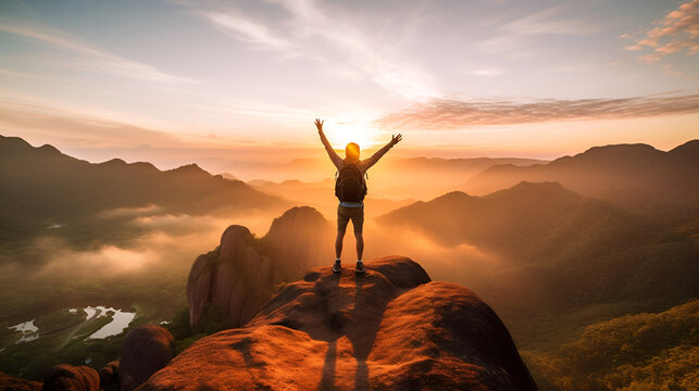 Silhouette of a man on top of the mountain at sunrise