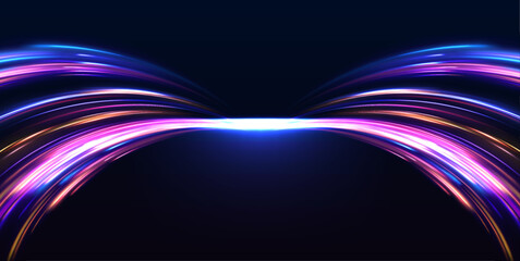 Image of speed motion on the road. Abstract background in blue and purple neon glow colors. Speed of light in galaxy. Purple glowing wave swirl, impulse cable lines. Long time exposure. Vector