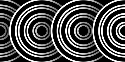 Black and white round circles overlap background. Abstract geometric shape backdrop. Modern dark abstract vector texture.