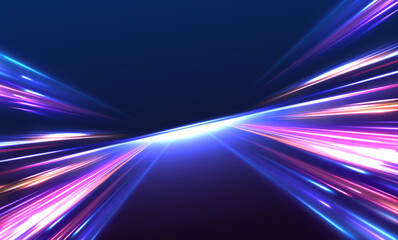 Abstract neon light rays background. A Colorful Motion Background of City Light Trails. Purple glowing wave swirl, impulse cable lines. Long time exposure. Vector	