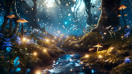 Fantasy landscape with magic forest and stream.