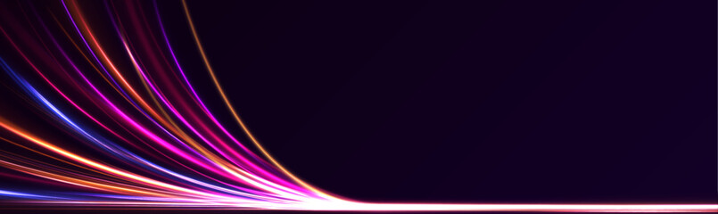 Vector speed of light in space on dark background. Abstract background in blue, yellow and orange neon colors.