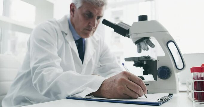 Science, research and writing with man and microscope for medical, pharmacy and chemistry. Investigation, healthcare and medicine with senior scientist in laboratory for bacteria, data and innovation
