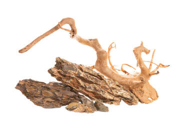 Fototapeta premium Ohko dragon stone with red moor driftwood for freshwater aquarium aquascaping design isolated on the white background.