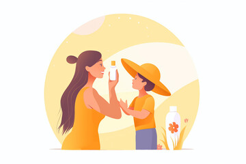 Generative AI. Mother and son on the beach. Sun protection infographics vector illustration. Skincare routine. Young woman in straw hat flat character on cartoon background. Spending time at beach 