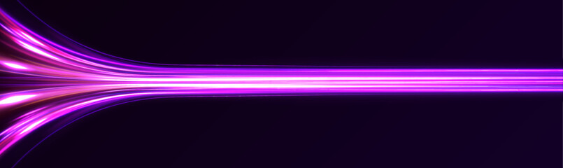 Vector glitter light fire flare trace. Abstract image of speed motion on the road. Dark blue abstract background with ultraviolet neon glow, blurry light lines, waves