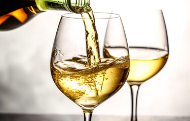 Pouring white wine into a glass on a white background, close-up. Generative AI