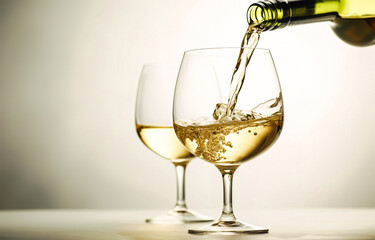 Pouring white wine into a glass on a white background, close-up. Generative AI