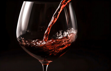 Red wine splashing out of a glass, on black background. Generative AI