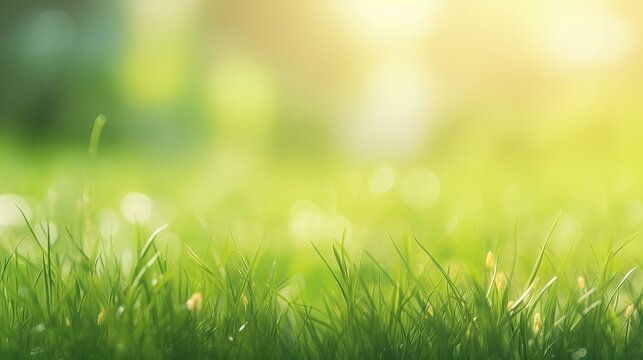 A fresh spring sunny garden background of green grass and blurred foliage bokeh, grass with dew, green grass background, Generative AI