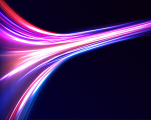 Light Trails On Road At Night. 3d render, abstract futuristic neon background with glowing ascending lines. Fantastic wallpaper	