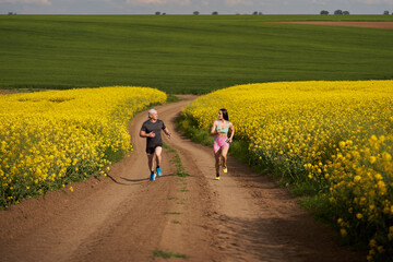 Fototapeta premium Endurance runners on a dirt track in a canola field, training