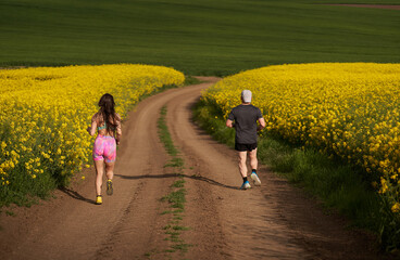 Endurance runners on a dirt track in a canola field, training