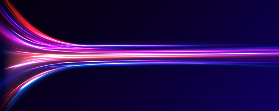 Vector dark blue abstract background with ultraviolet neon glow, blurry light lines, waves. High speed effect motion blur night lights blue and red. Magic shining neon light line trails.