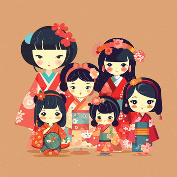 Illustration of Kokeshi Doll. Cute drawing Girls in Kimono. Hinamatsuri, Dolls Day or Girls day. Editable Vector Illustration. 