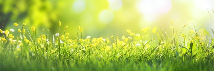 Obraz premium A fresh spring sunny garden background of green grass and blurred foliage bokeh, grass with dew, green grass background, Generative AI