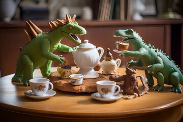 A dinosaur tea party, with a Tyrannosaurus Rex delicately sipping tea from a tiny cup, while a Stegosaurus serves cucumber sandwiches and a Triceratops plays the violin