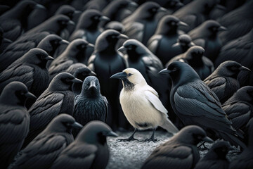 One white crow surrounded by many black crows. Generative AI