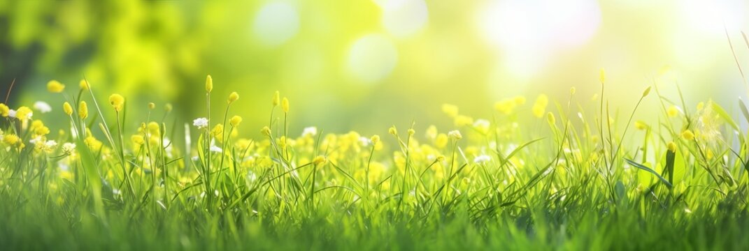 A fresh spring sunny garden background of green grass and blurred foliage bokeh, grass with dew, green grass background, Generative AI
