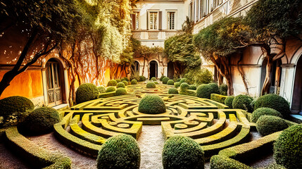 Inner courtyard between buildings of Italian architecture with an intricate flat circular maze of hedges, made with generative ai - obrazy, fototapety, plakaty