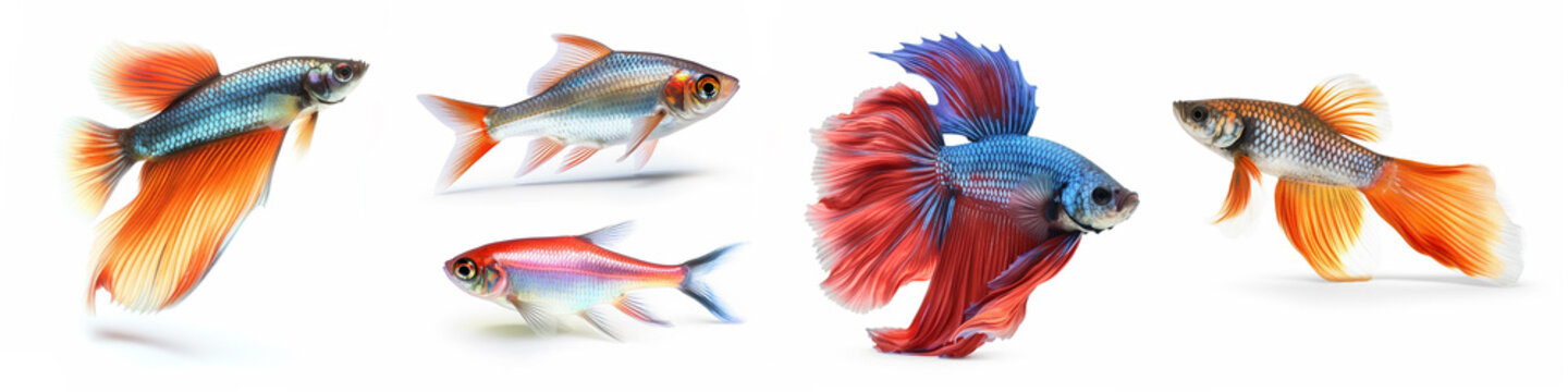 Animals Popular Fishes Pets Aquarium Freshwater Fish Banner Panorama Long - Collection Of Betta, Guppy, Neon Tetra, Isolated On White Background, Generative Ai