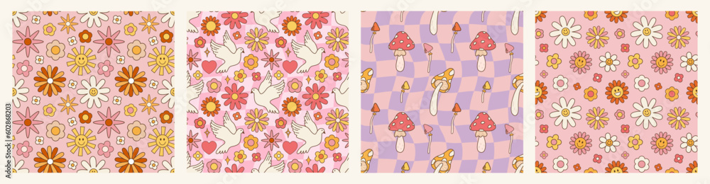 Canvas Prints retro psychedelic set 60s 70s vector seamless patterns, groovy hippie style background. cartoon prin