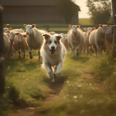 Obraz premium Sheep in the countryside. Shetland Sheepdog in the field