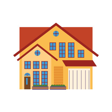 Two story house with a lot of windows and a carport flat design illustration. Clip art of house. House with yellow paint.