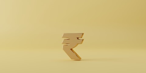 Gold Rupee sign on yellow background for currency exchange and money transfer concept, Indian Rupee is the official currency of the country of India which is divided into 100 paisa each. with 3d
