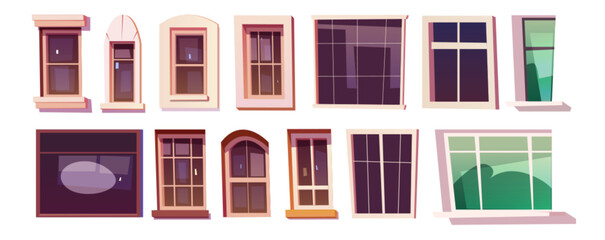 Vector house glass window frame isolated cartoon set on white background. Vintage building exterior illustration element collection. Beautiful architecture with retro and modern profile clipart