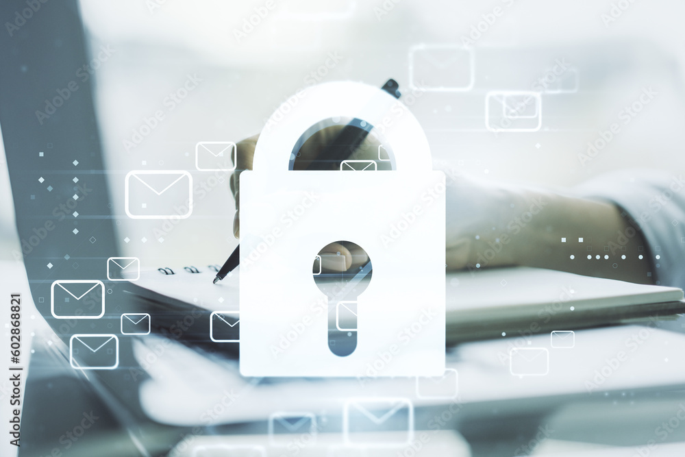 Poster creative lock sketch with email symbols hologram and hand writing in notepad on background with lapt