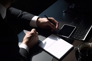 Businessman using mobile phone with blank screen sitting at office desk.