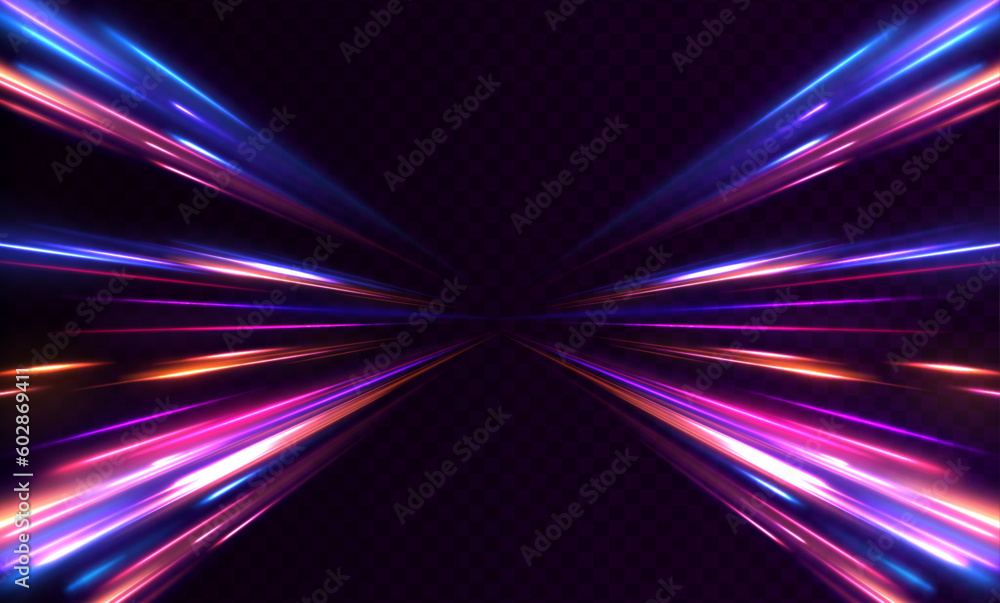 Leinwandbilder Cyberpunk light trails in motion or light slow shutter effect. Acceleration speed motion on night road. Bright sparkling background. Panoramic high speed technology concept, light abstract background.