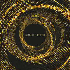 Golden halftone dots on black background, design element