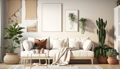 Interior of living room with white sofa, plants. Generative AI