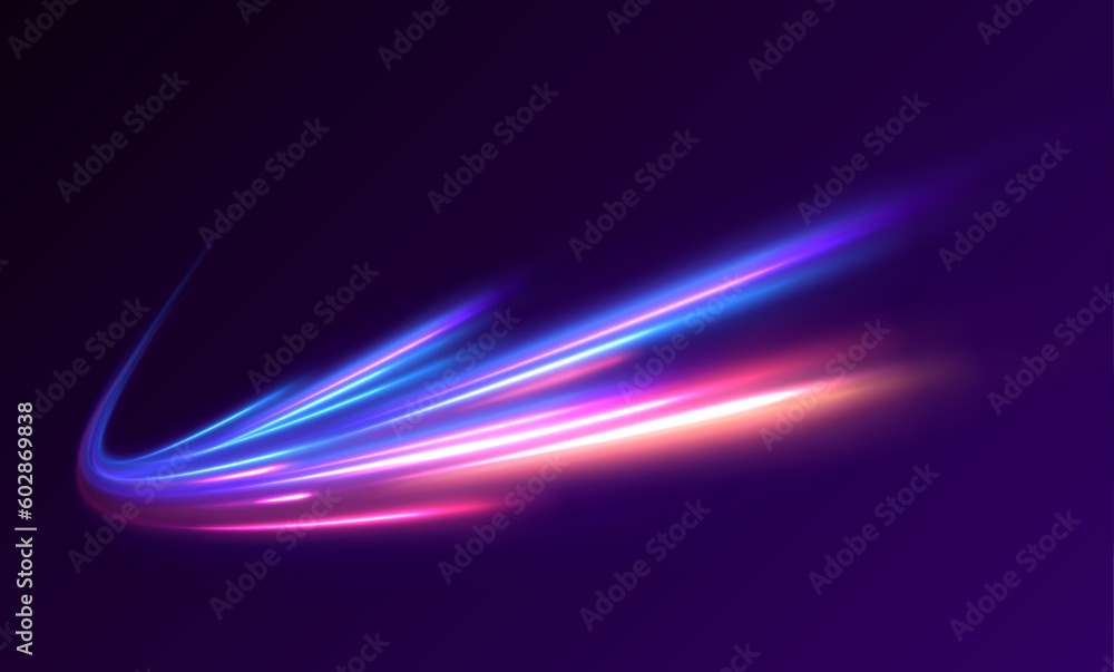 Poster vector speed of light in space on dark background. abstract background in blue, yellow and orange ne