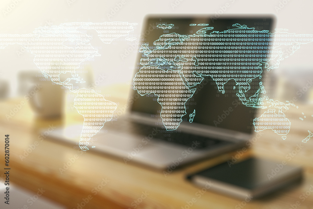 Poster multi exposure of abstract creative digital world map and modern desktop with computer on background