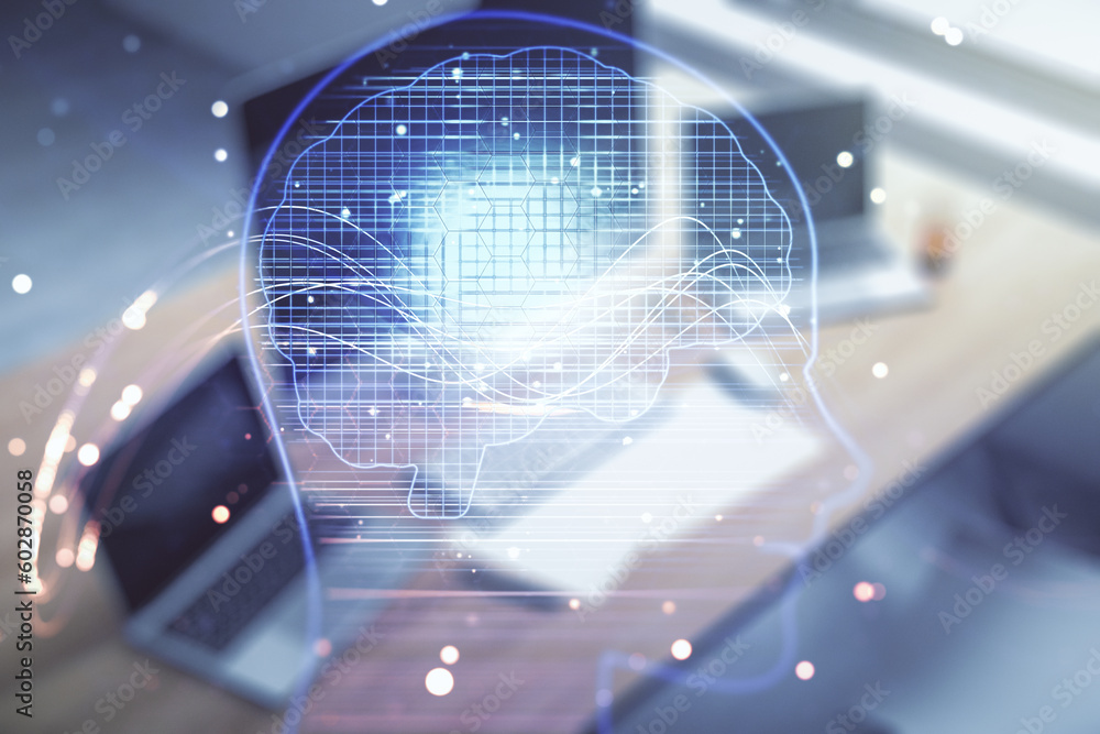 Poster double exposure of creative artificial intelligence symbol and modern desktop with laptop on backgro
