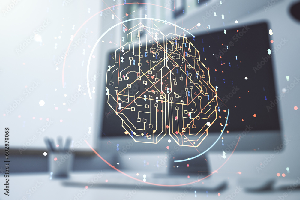Poster creative artificial intelligence concept with human brain hologram and modern desktop with computer 