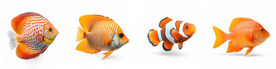 Animals popular fish pets aquarium salt water ocean sea fish banner panorama - Collection of different fishes, isolated on white background, Generative AI - obrazy, fototapety, plakaty