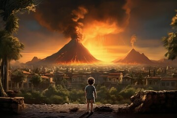 Ancient greek volcano eruption child boy. Generate Ai