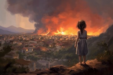 Obraz premium Ancient greek volcano eruption child girl. Generate Ai