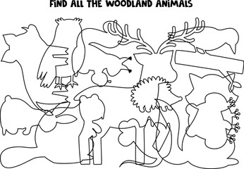 Find all the woodland animals. Find all silhouettes. Logical puzzle for kids.