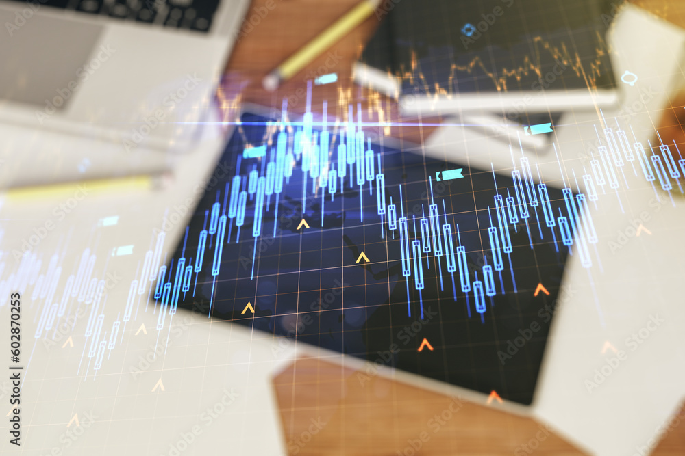 Poster double exposure of abstract creative financial chart with world map and digital tablet on background