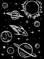 On a black background, a white space landscape