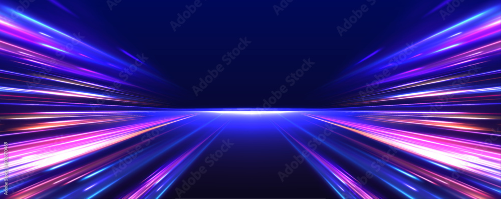 Poster vector glitter light fire flare trace. abstract image of speed motion on the road. dark blue abstrac