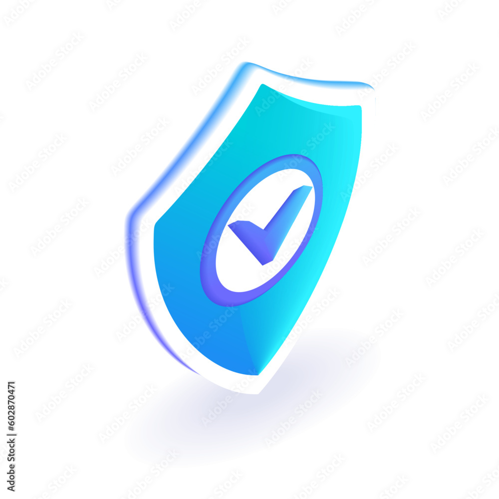Poster isometric 3d shield check mark icon. cartoon minimal style. vector for website