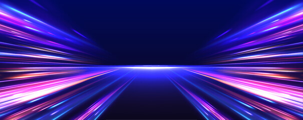  Vector glitter light fire flare trace. Abstract image of speed motion on the road. Dark blue abstract background with ultraviolet neon glow, blurry light lines, waves - obrazy, fototapety, plakaty