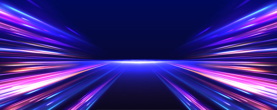  Vector glitter light fire flare trace. Abstract image of speed motion on the road. Dark blue abstract background with ultraviolet neon glow, blurry light lines, waves